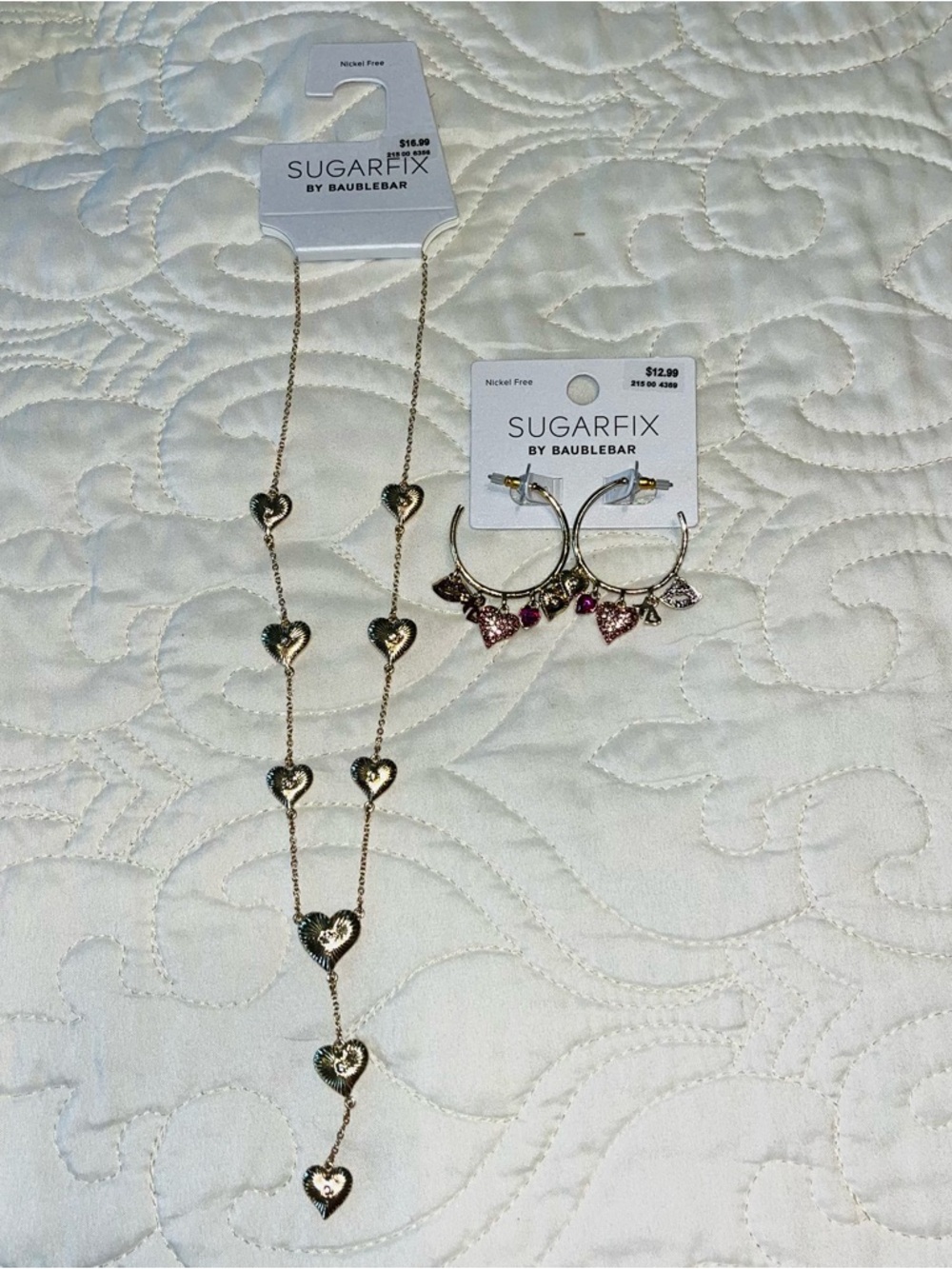 NEW Never Worn! SUGARFIX Gold Heart Necklace and Gold Hoop Earrings with Charms - Picture 2 of 6